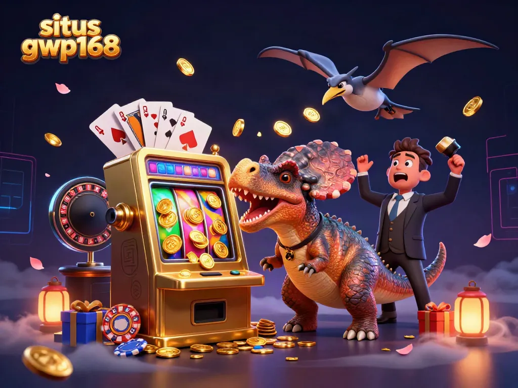 Situs gwp168 menampilkan ilustrasi 3D kartun dengan karakter dino dan mesin slot menghasilkan koin emas.