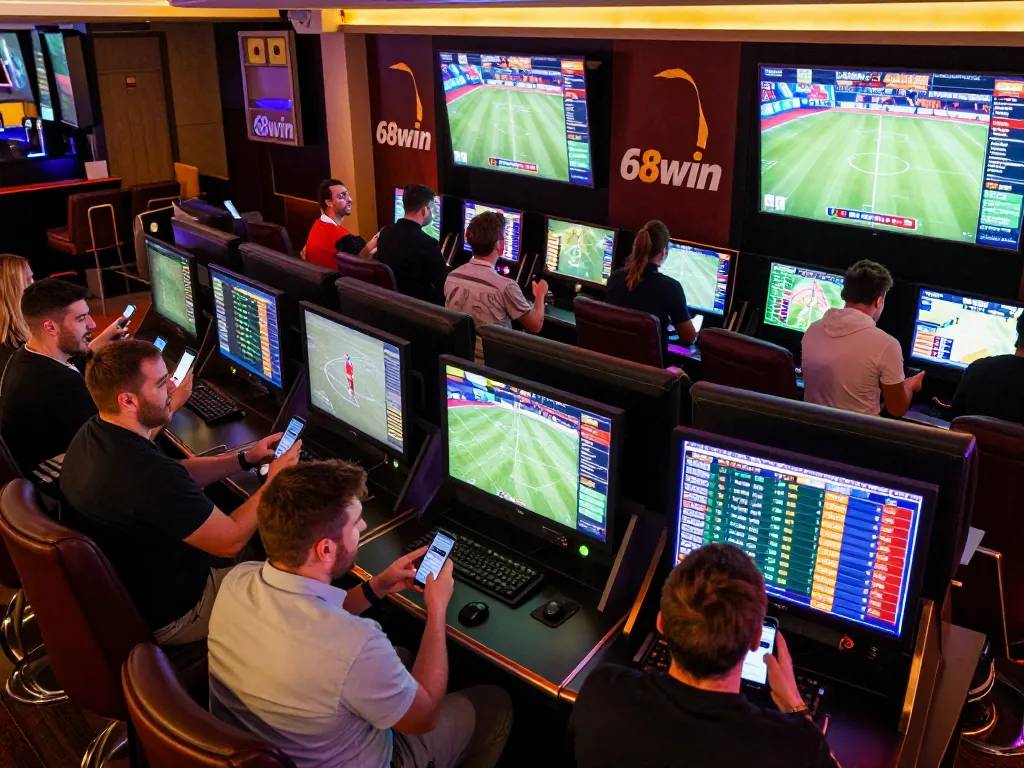 Sports betting enthusiasts placing bets and analyzing odds at 68win sportsbook during major live events
