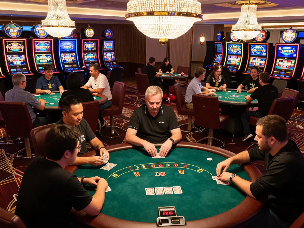 Exciting gameplay at qtr88 casino with players engaged at poker tables and vibrant slot machines.