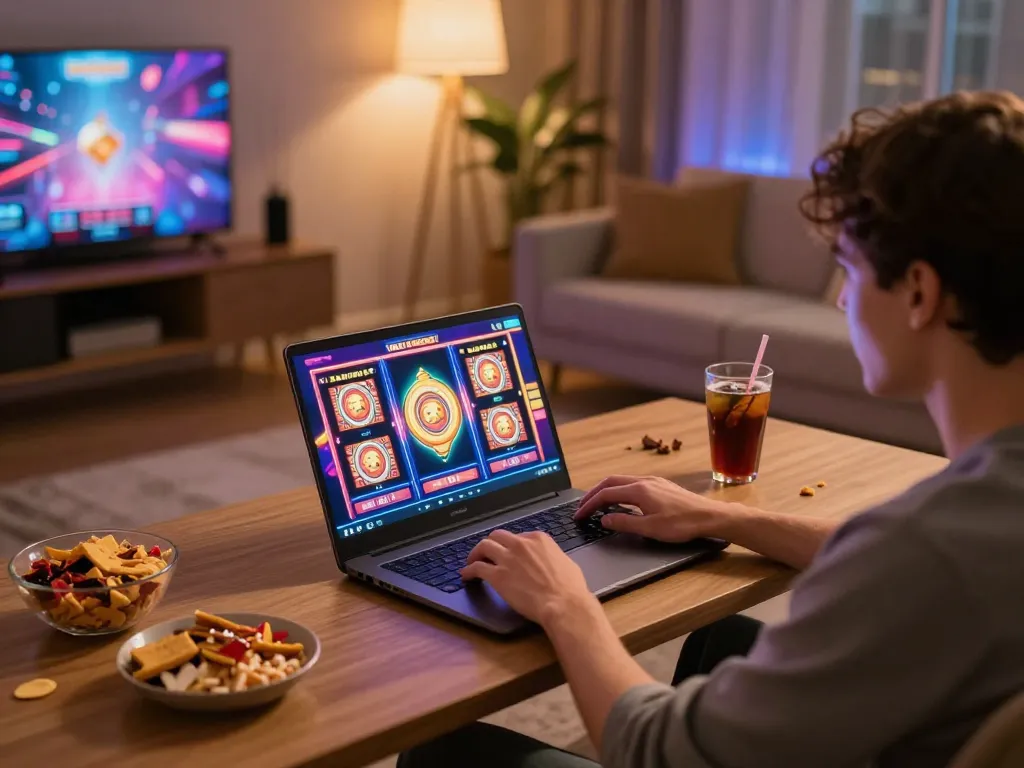 Excited player engaging with FAFA 828 slots on a modern laptop in a cozy atmosphere.