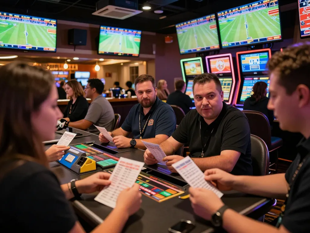 Excited bettors engaging in live sports betting at 777VIP casino with multiple screens showcasing events and betting activity.