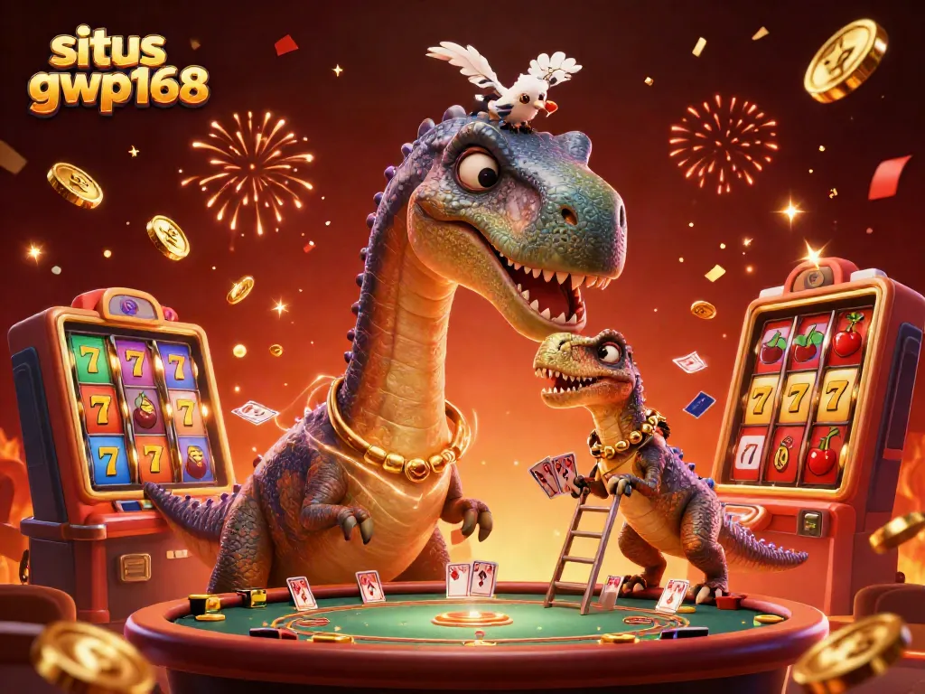 Permainan slot yang mengasyikkan dengan situs gwp168, dinosaurus raksasa dan raptor beraksi dalam kasino virtual.