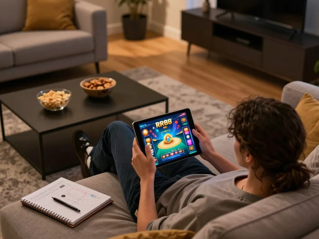 Player engaging with RR88 online casino on a tablet in a cozy living room setting
