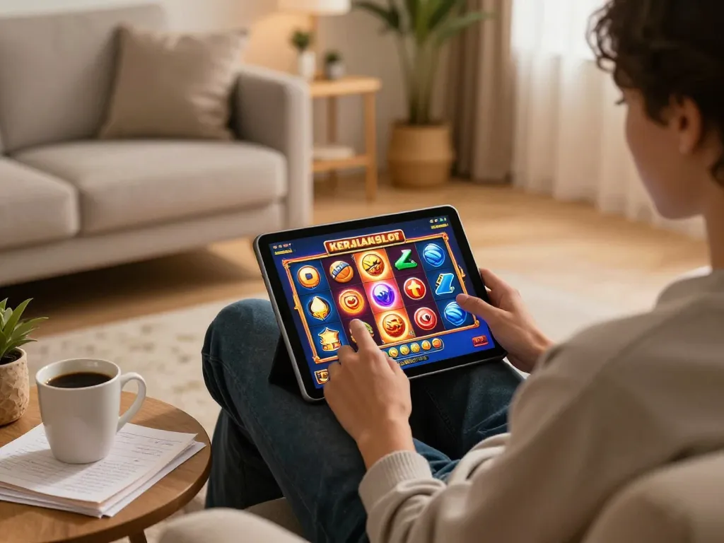 Engaging with kerajaanslot on a tablet in a cozy home setting, illustrating online gambling.