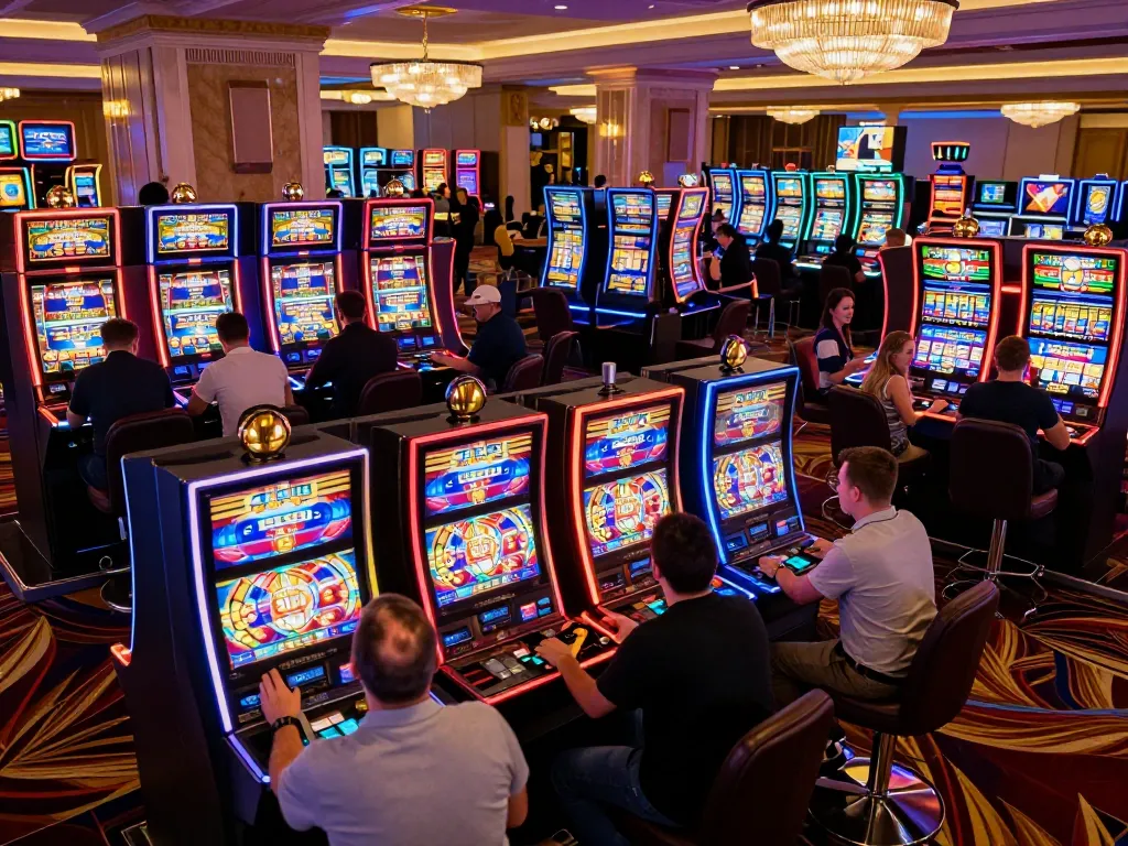 Players enjoying vibrant slot machines at nhà cái 8xbet, celebrating wins in a dynamic casino atmosphere