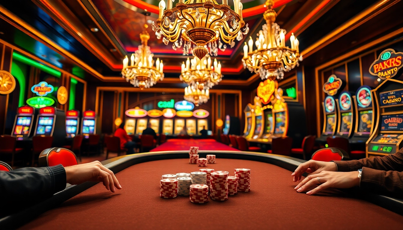 Ee88 poker table set in a luxurious casino ambiance filled with vibrant slot machines and chips.