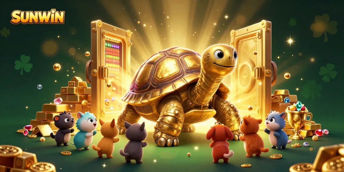 SUNWIN invites players to a thrilling gaming experience with golden treasure and vibrant characters in a dynamic online casino illustration.