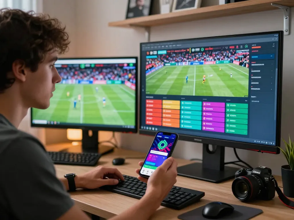 SBOBET betting experience with a focused bettor analyzing live sports odds in a modern office.