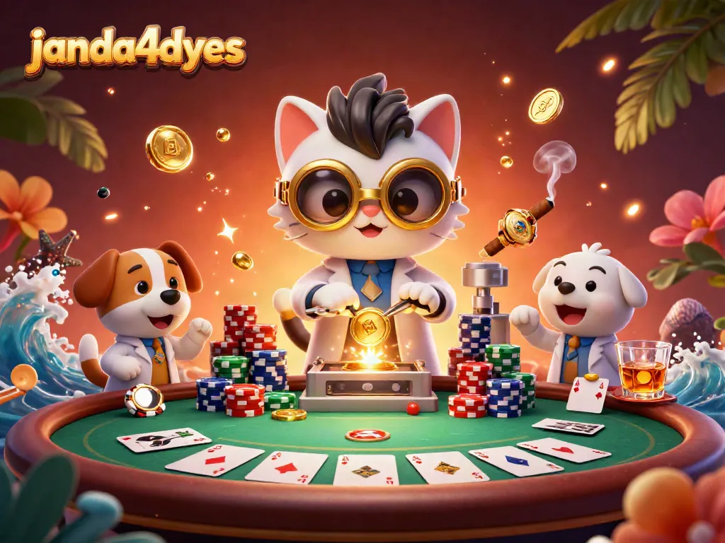 Permainan peluang janda4dyes dengan kucing ilmuwan dan anjing lab asisten di meja poker, menunjukkan keseruan judi.