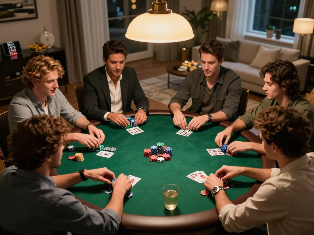 uu88 poker night with friends enjoying competitive game at home with chips and cards.