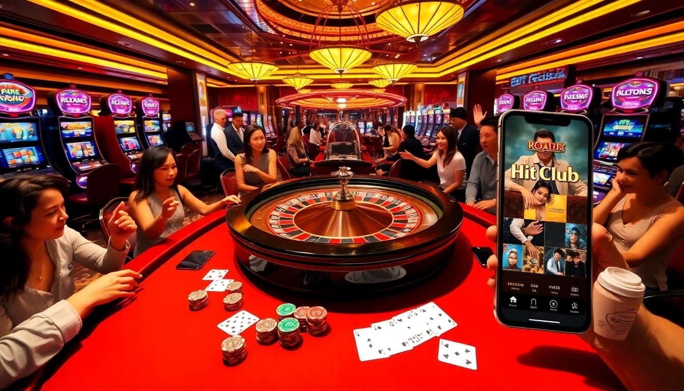 Players engaging in thrilling casino action at https://hitclub9.us.com/, featuring vibrant tables, poker chips, and a spinning roulette wheel.