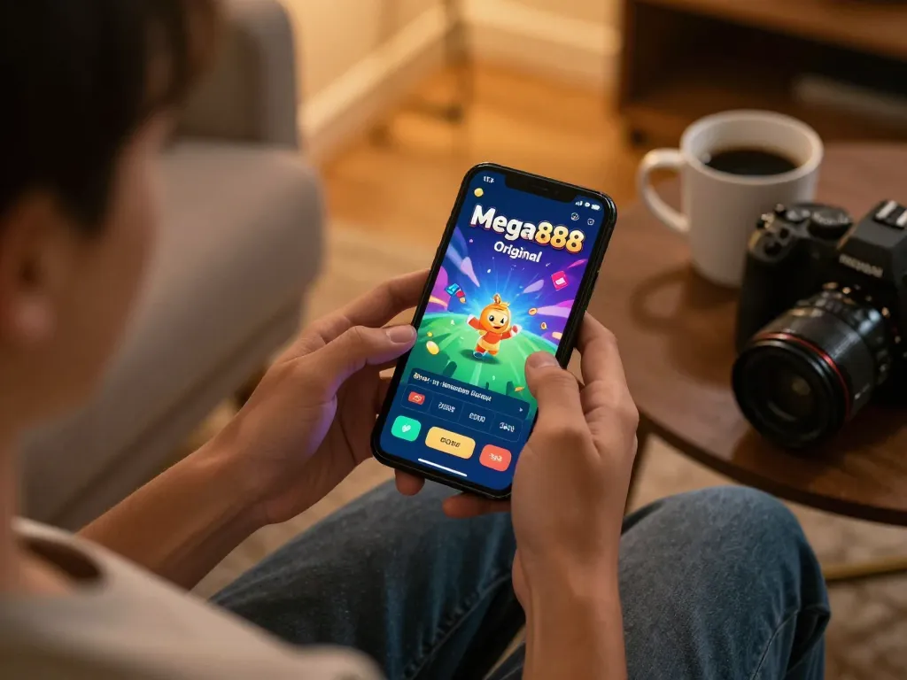 Mega888 Original mobile gaming app displayed on smartphone while player engages in gameplay.