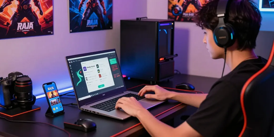 Engaged player logging into Raja Game with vibrant gaming setup and accessories.