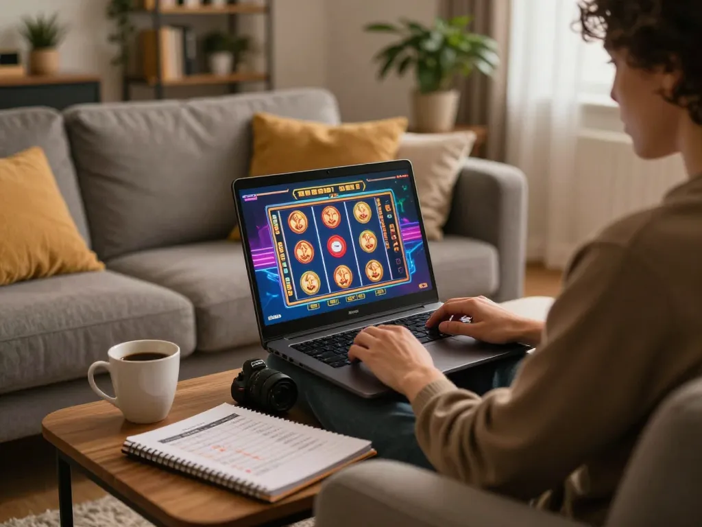 Engaging with dash88 app on laptop for online gaming with betting notes in cozy home.