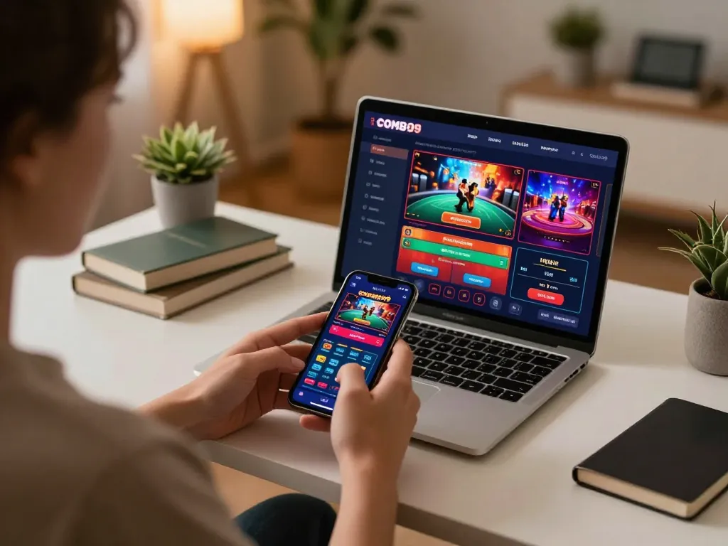 Pemain menikmati aplikasi kasino COMBO99 di smartphone, menunjukkan pengalaman permainan online yang interaktif.
