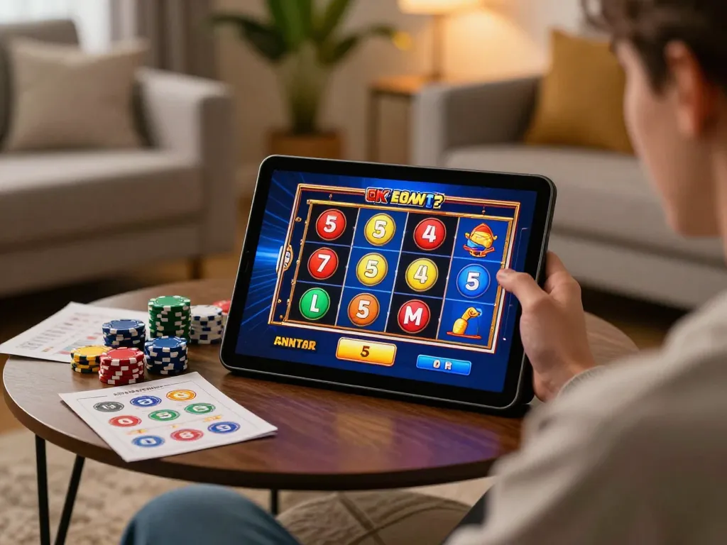 Player enjoying a slot 5k game on a tablet in a cozy home atmosphere.
