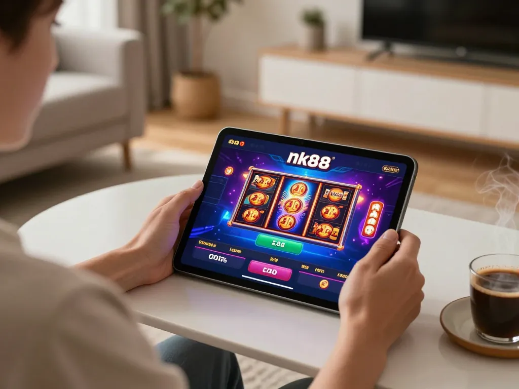Engaging with the nk88 casino app on a tablet in a cozy home environment