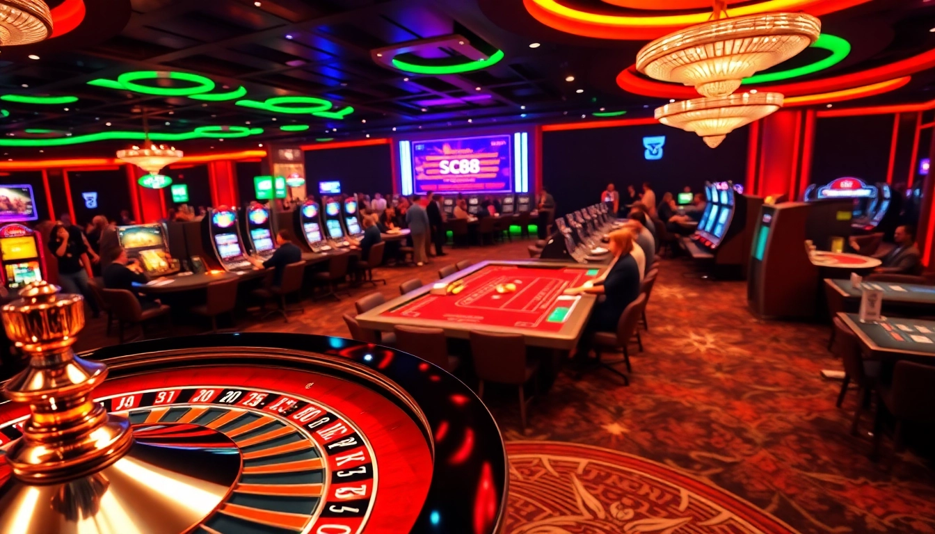 Experience the thrilling atmosphere of SC88 with players at the poker tables and roulette wheels.