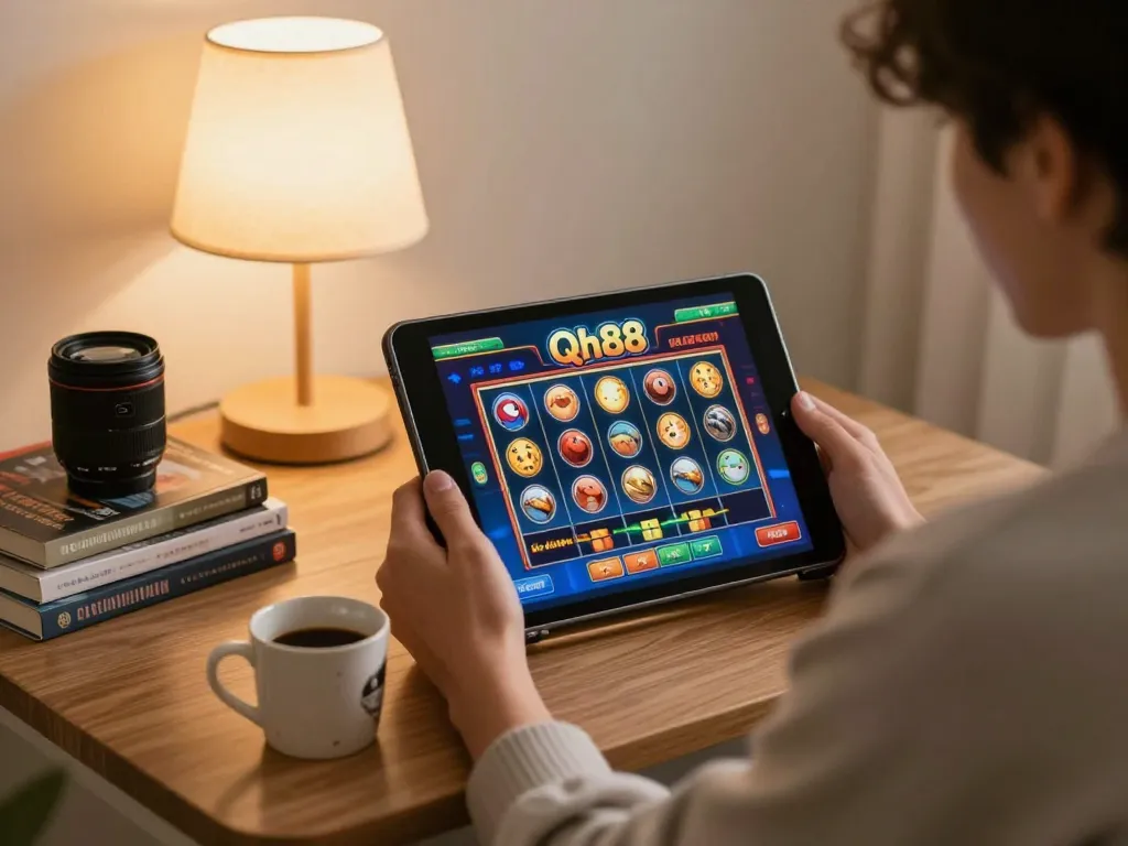 Person engaging in Qh88 online slot gameplay at home, demonstrating responsible gaming habits.