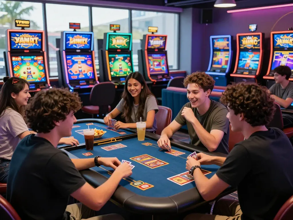 Exciting gaming scene with friends enjoying kuwin online betting experience in a vibrant lounge.