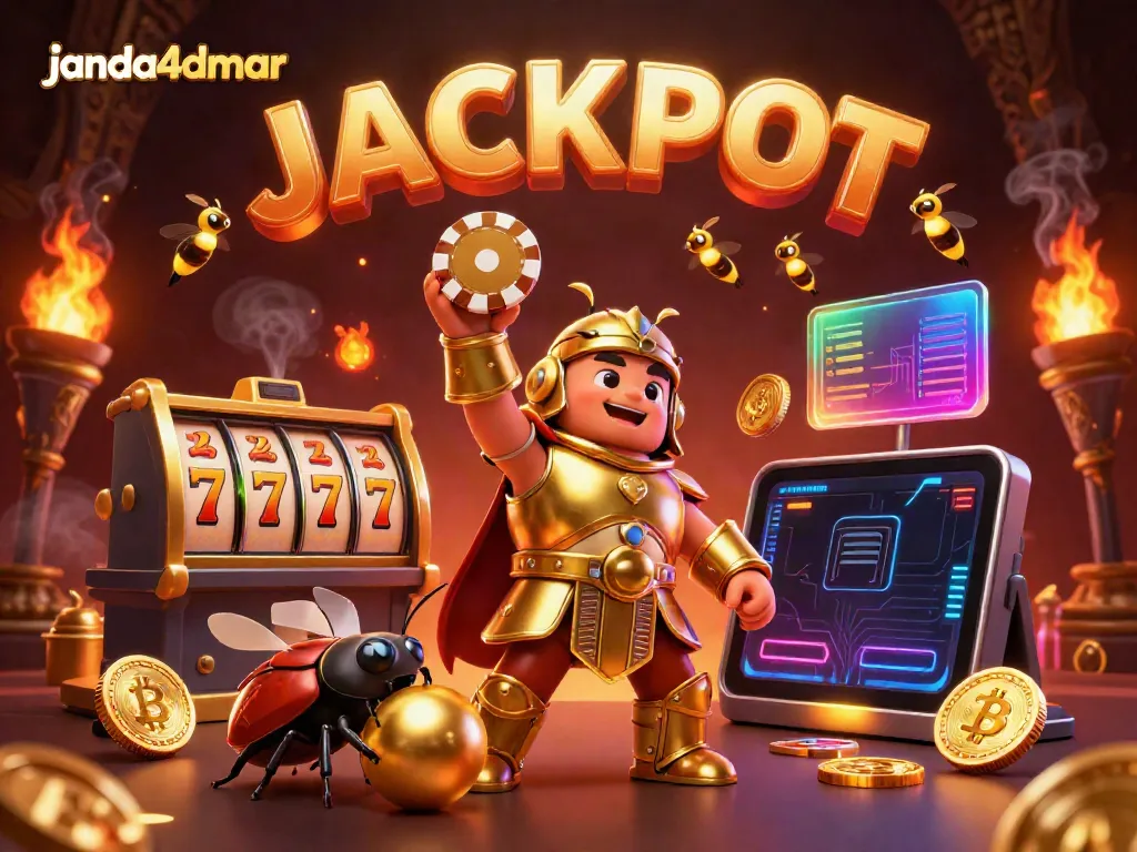 Janda4dmar merayakan kemenangan dengan jackpot dan bug lucu di kasino digital yang cerah.