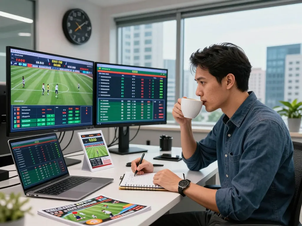 Analyzing kèo nhà cái bóng đá in a modern sports betting office with live updates.