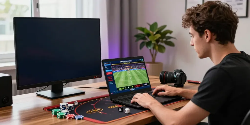 Excited player enjoying xx88 live betting on a modern laptop in a stylish casino-themed setup.