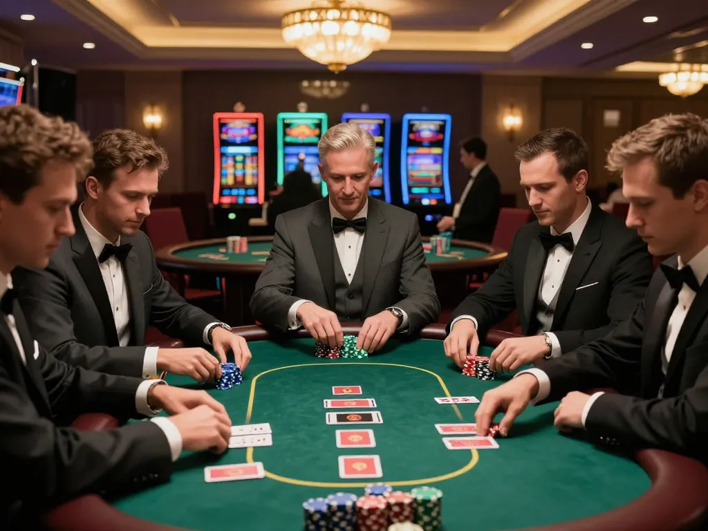 F168 poker table with players engaged in high-stakes game under warm chandelier lighting.