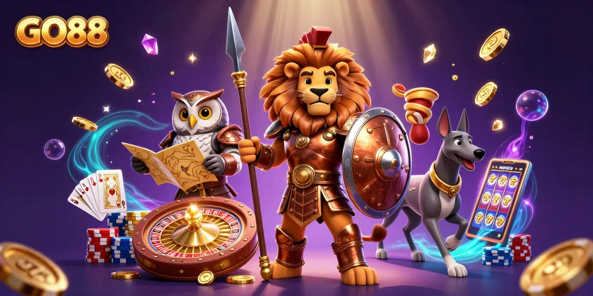 Engage with GO88’s thrilling gaming experience featuring a Spartan lion and dynamic casino elements.