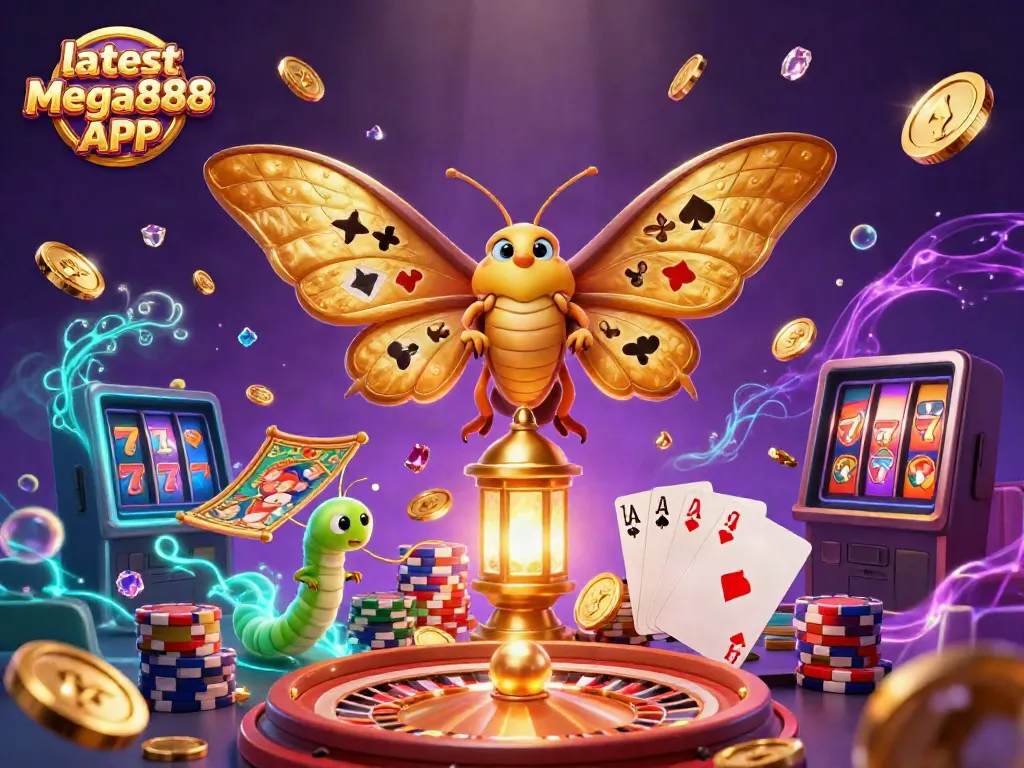 Experience the thrill with the latest Mega888 APK featuring vibrant casino-themed elements.