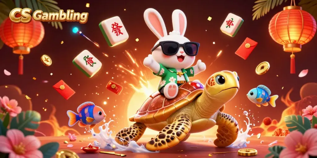 Engage in CS Gambling as adorable rabbit wins on a giant golden turtle, vibrant casino-themed elements at play.