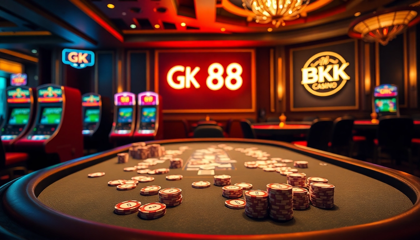 Experience the excitement of GK 88 at a luxurious poker table in a vibrant casino setting.