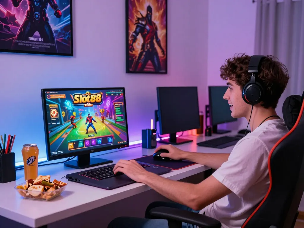 Player enjoying Dash88's Slot88 games in a lively gaming setup with energy drinks and snacks.