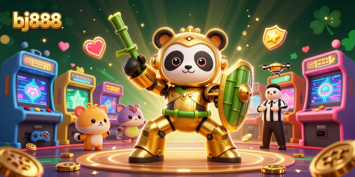 Join the action at bj888 as a golden panda fights in a vibrant casino arena filled with games.