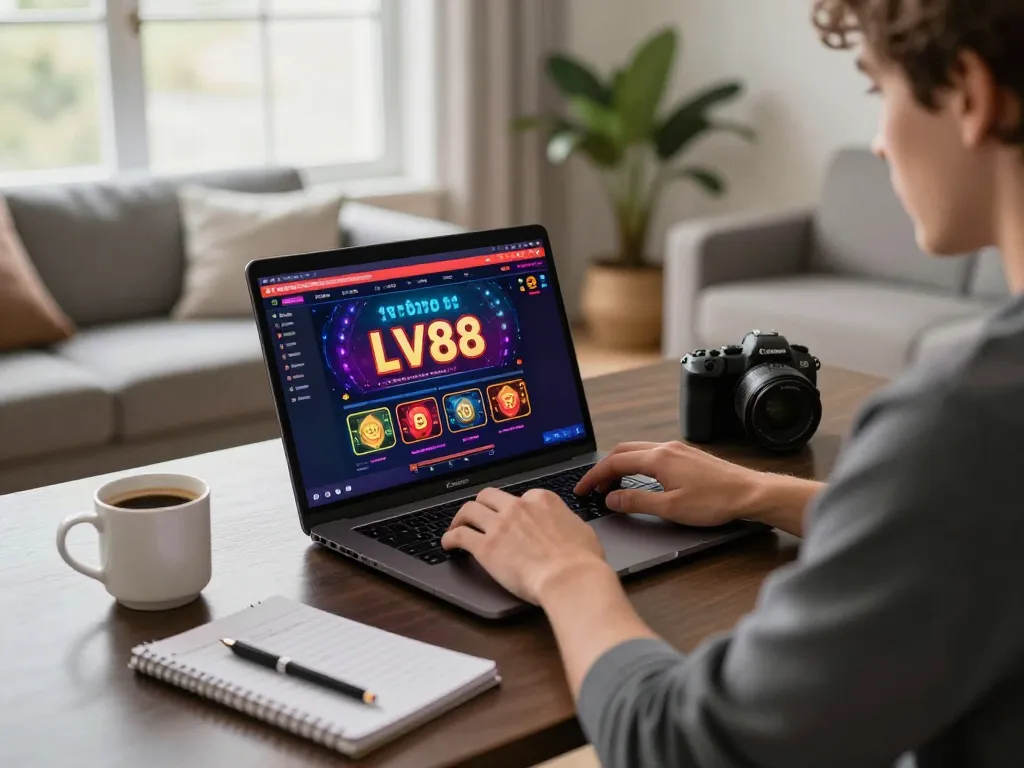 Engaged player exploring LV88 online casino on laptop in a cozy home office.