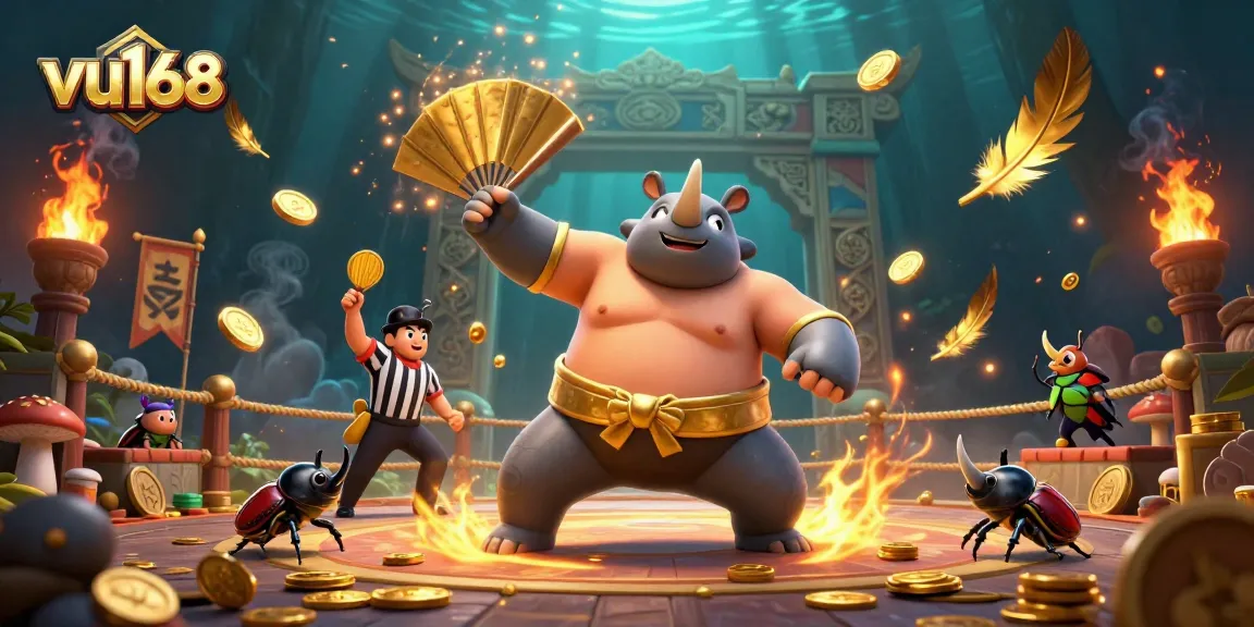 Engage in thrilling action with the vu168 sumo-themed bet featuring a rhinoceros beetle champion amidst a dynamic betting atmosphere.