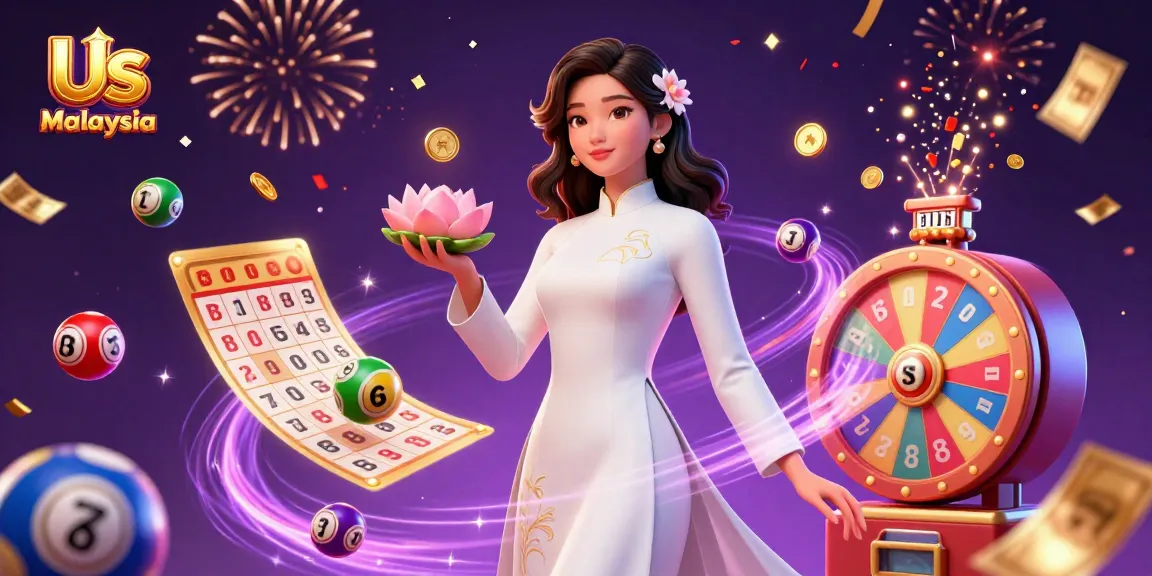 Experience the excitement of Us Casino Malaysia with colorful elements including lottery balls and prizes in a vibrant digital illustration.