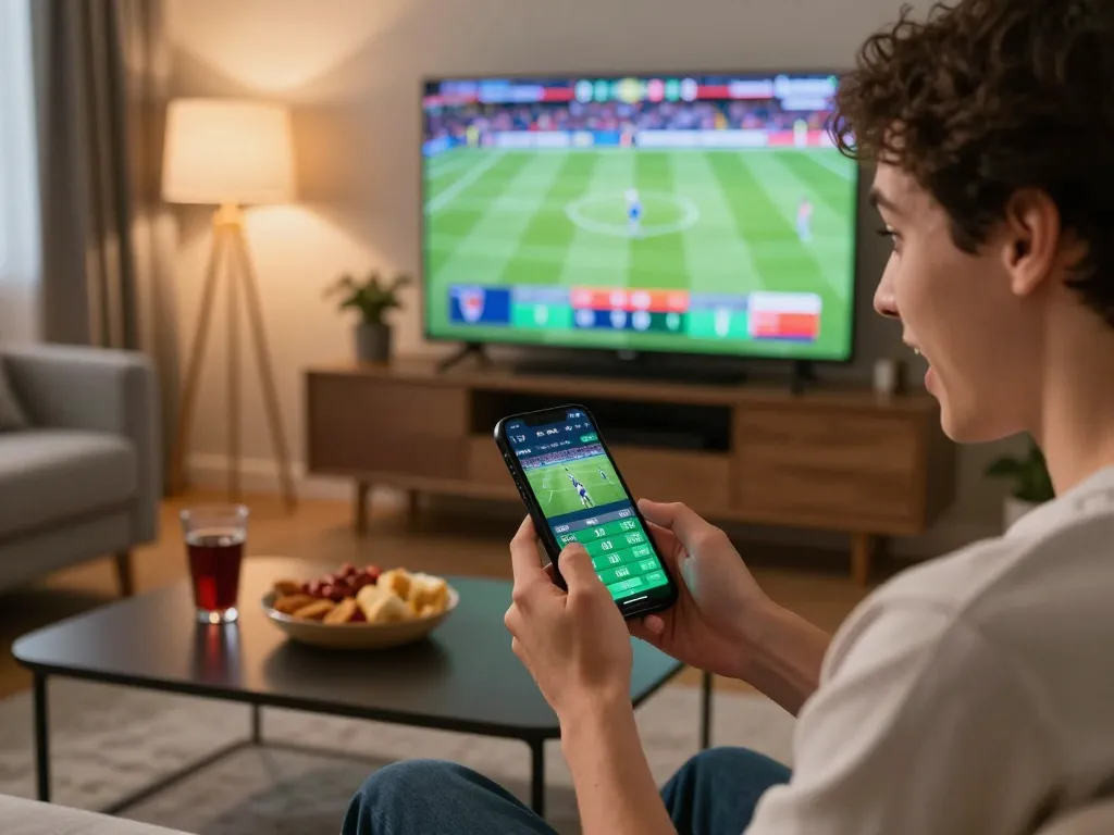 Betting excitement on go8 com app with live sports in background.