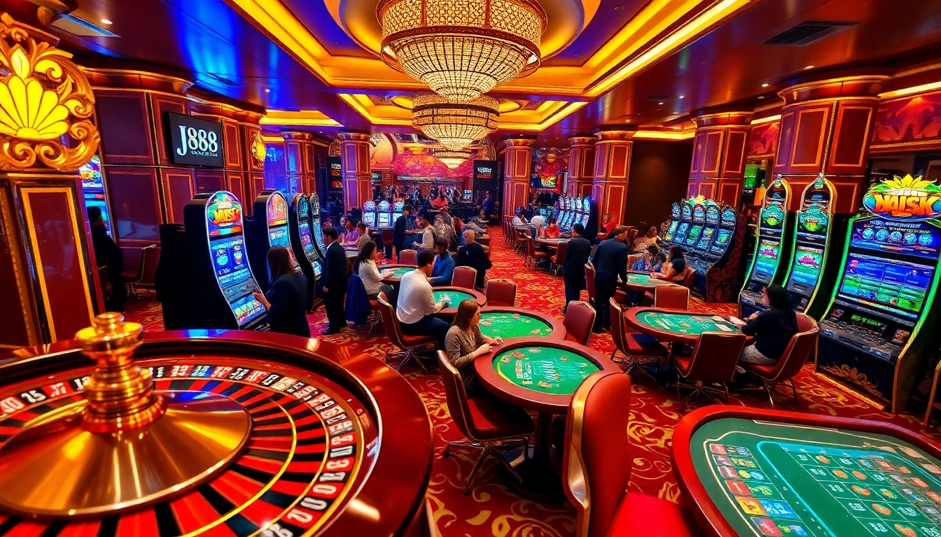 Engage with J88's vibrant casino scene featuring roulette and slot machines.