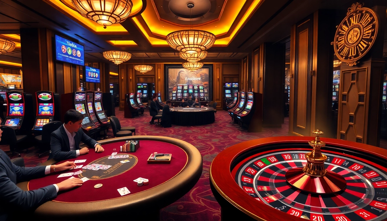 Experience the excitement of Typhu88 in a luxurious casino setup with poker tables and vibrant slot machines.