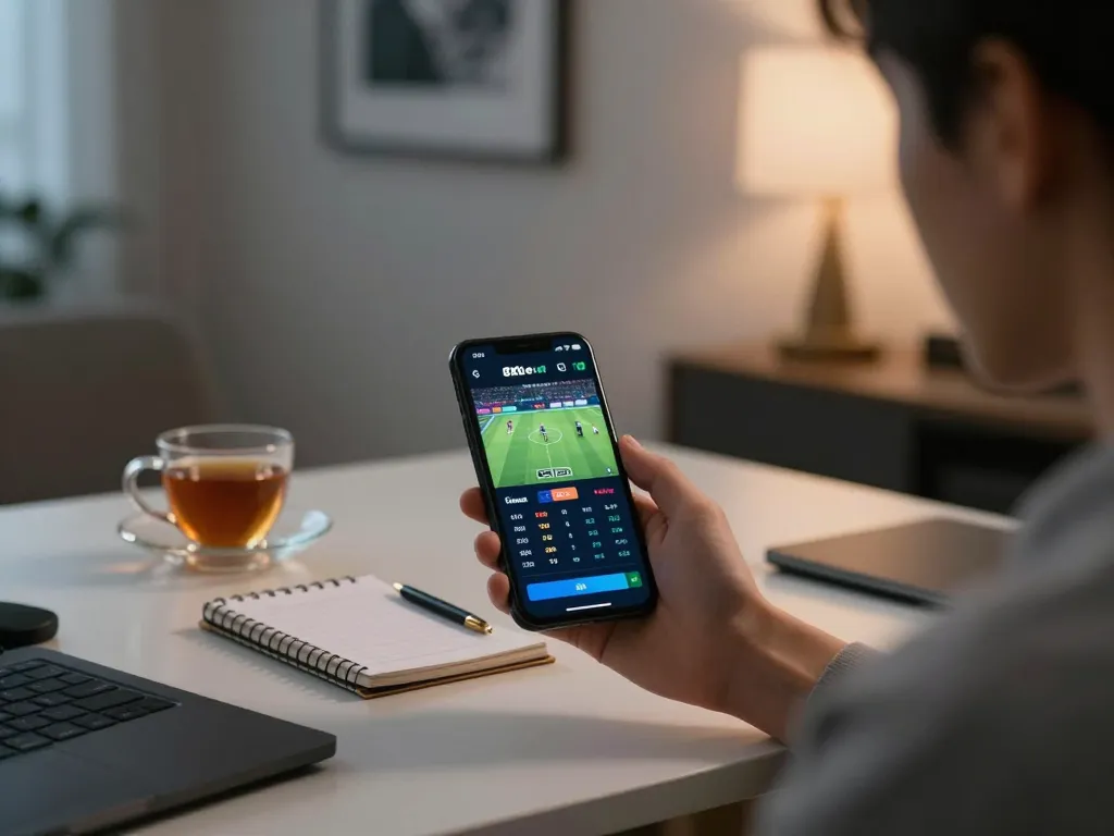 Engaging in sports betting at nhà cái 8xbet using smartphone in a modern living space