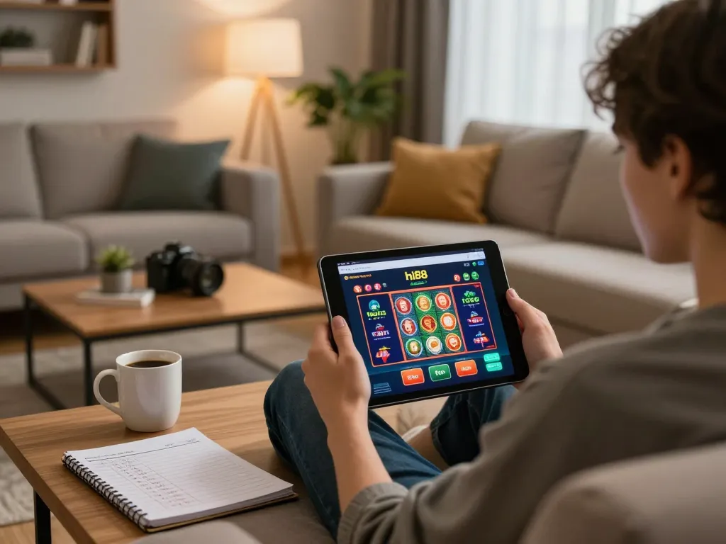 Engaging in hi88 online gambling through a tablet at home, showcasing strategic play vibes.