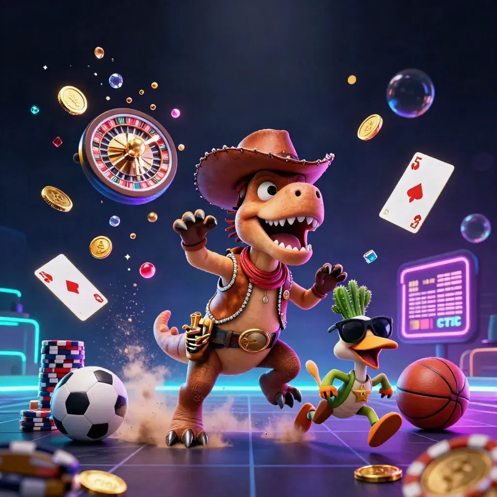 Cowboy T-Rex, cactus sidekick, and roadrunner amid casino coins and neon light.