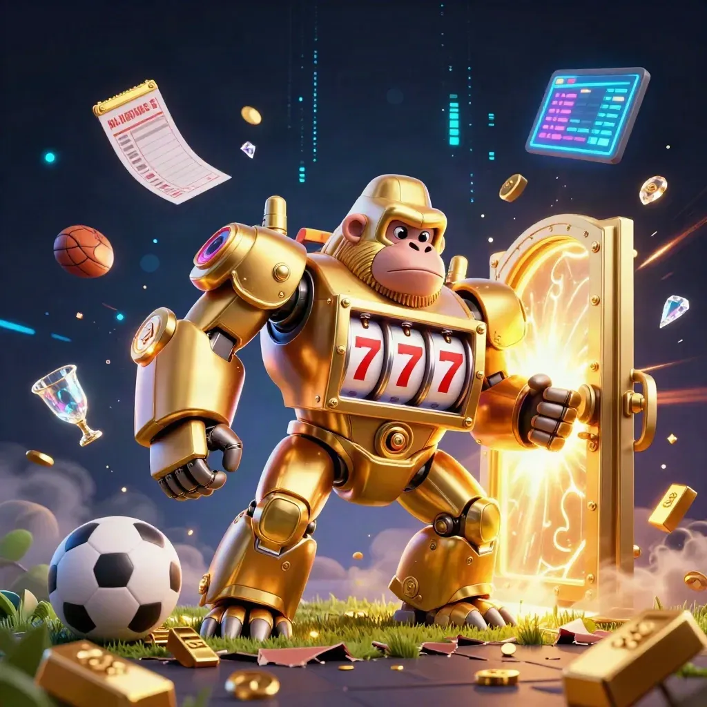 Golden gorilla mech with a tiny pilot blasts open a vault amid soccer, basketball, and neon casino energy.
