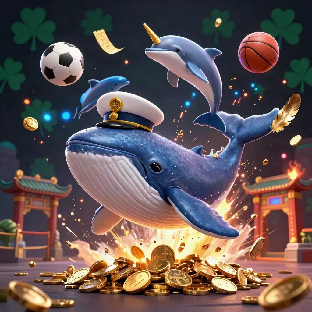 Whale captain, narwhal and dolphins surge through coins with balls, banners and casino lights.