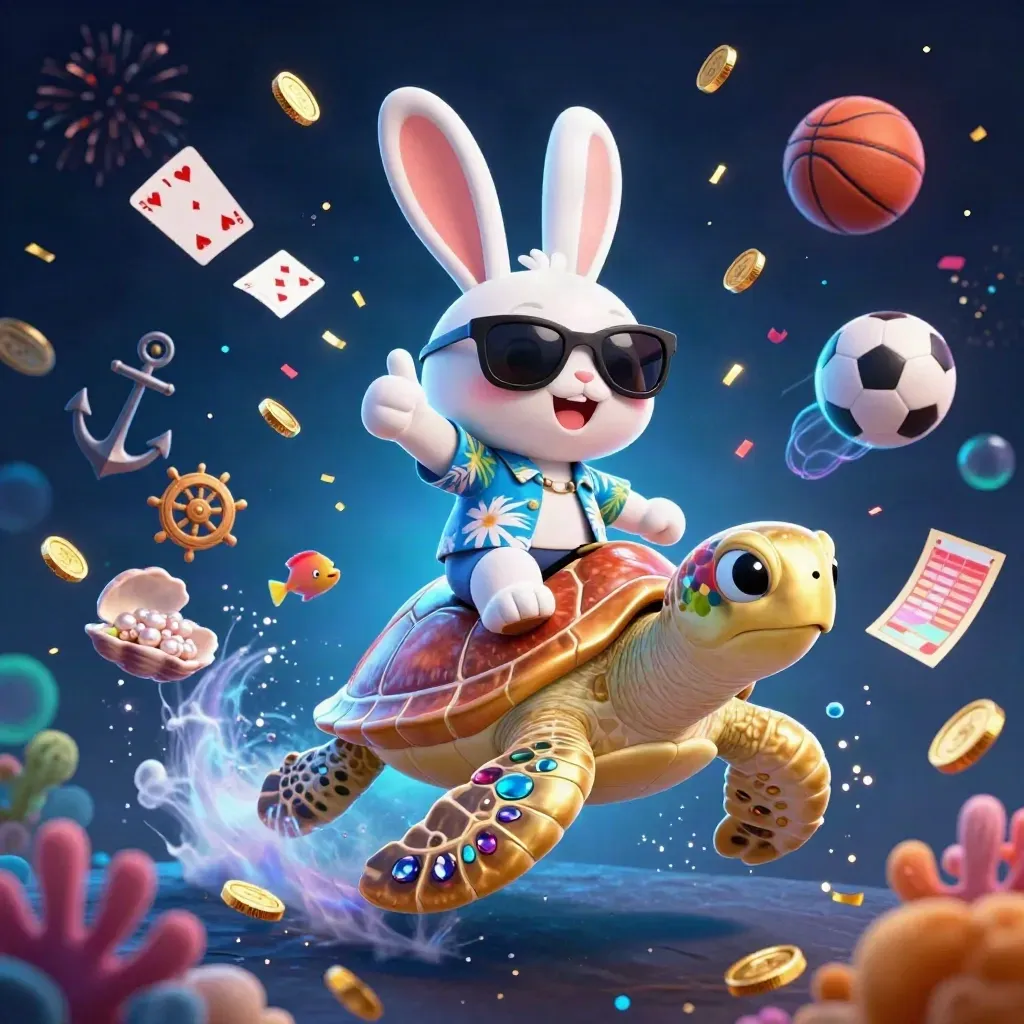 Lucky rabbit on a golden sea turtle amid coins, coral, cards and neon casino sparks.