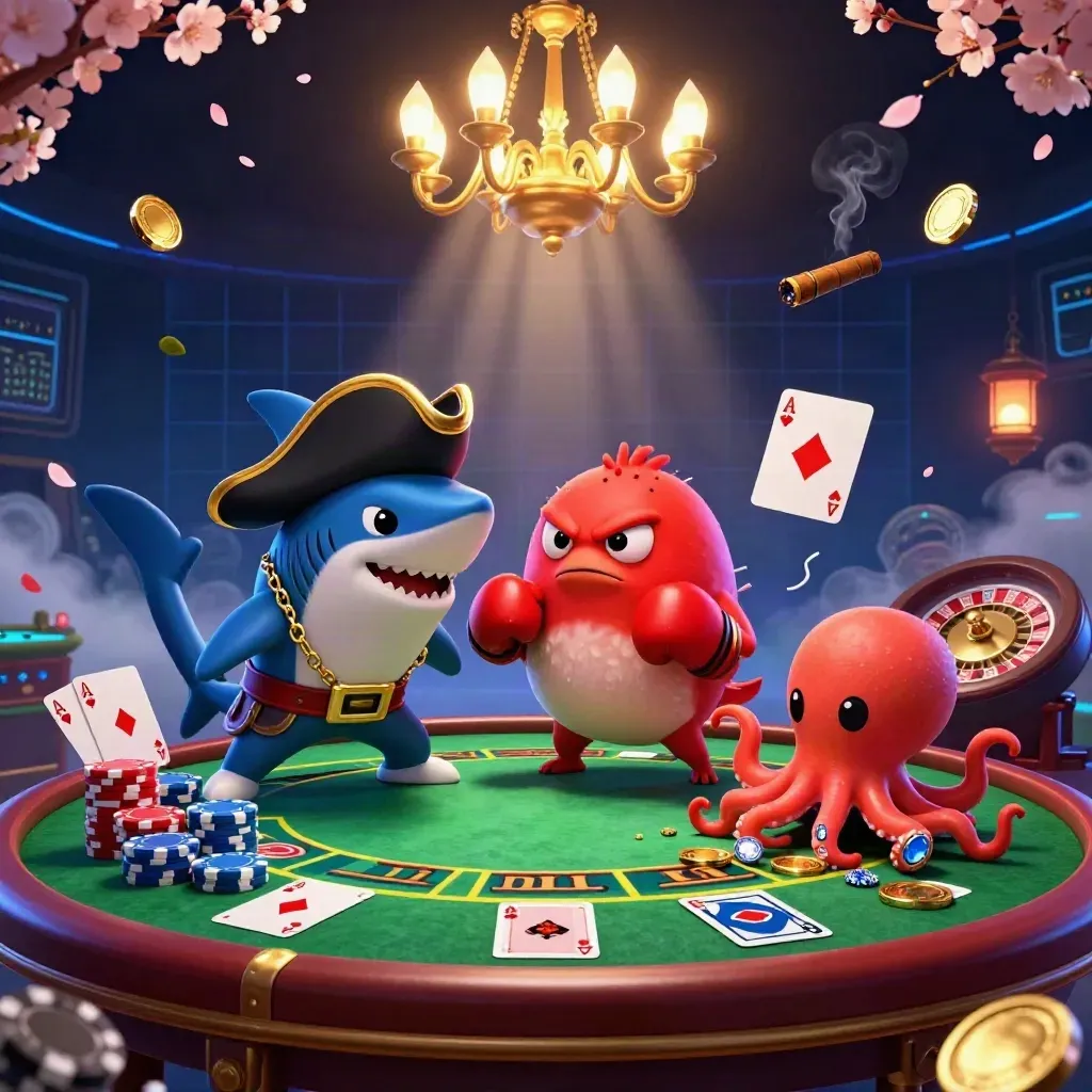 Cartoon pirate shark, boxing pufferfish, and coin-juggling octopus at a neon casino table.