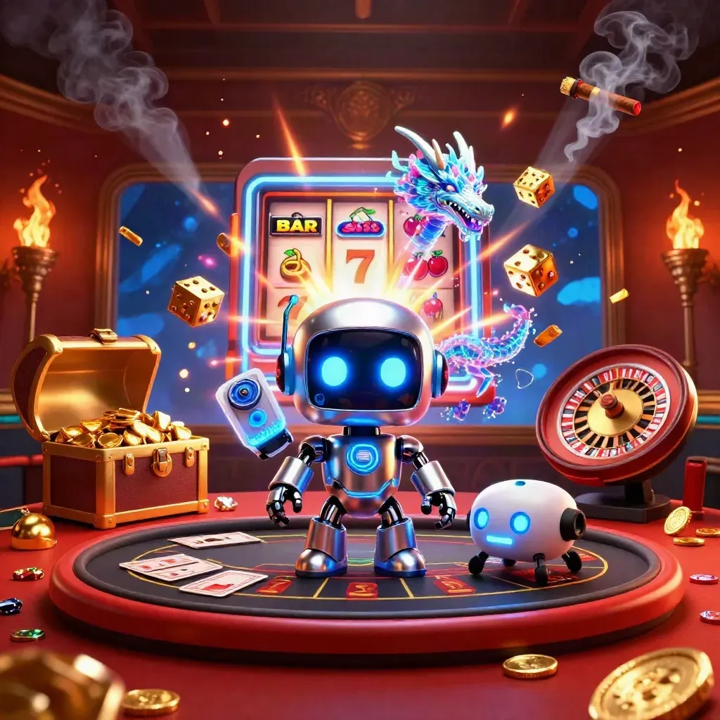 Cyberpunk casino heroes amid exploding slot machine, roulette wheel, gold, embers, and neon light.