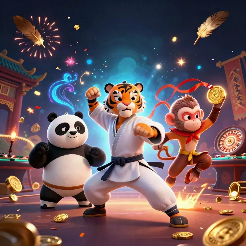 Tiger, panda, and monkey heroes in a neon casino-temple scene with swirling magic and gold.