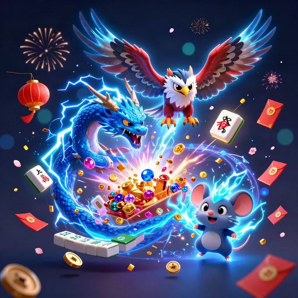 Thunder dragon, wind hawk, and crackling thunder-mouse amid blue lightning and casino treasure.